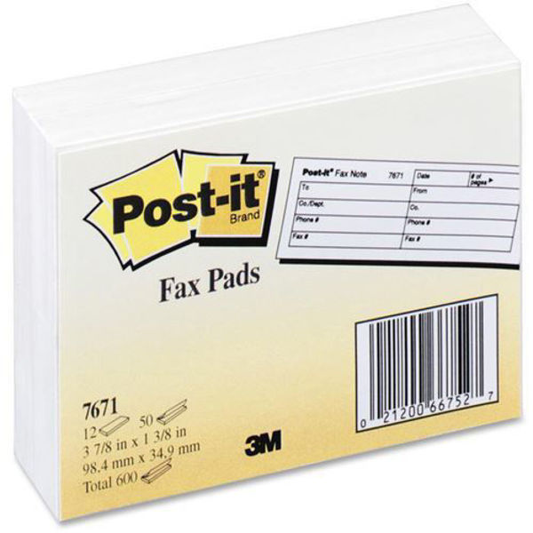 3M Post-It Fax Notes Pads 7671 12 x 50 =600 sheets 