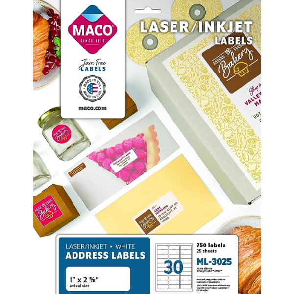 Picture of 46-002 Maco 1x2-5/8 Laser/Inkjet Labels (750) #ML-3025
