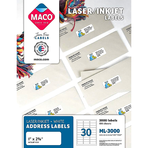 Picture of 46-000 Maco 1x2-5/8 Laser/Inkjet Labels (3M) #ML-3000
