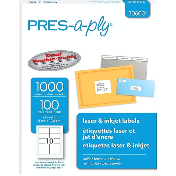 Picture of 46-039 PRES-a-ply Laser/Inkjet Labels 2x4 (1000) #AVE 30603